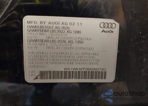 2011 Audi Q5 3.2 Premium Plus from USA, damaged, VIN WA1WKAFP3BA080190